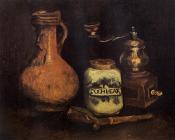 文森特 威廉 梵高 : 静物画配咖啡磨、烟斗盒和水壶